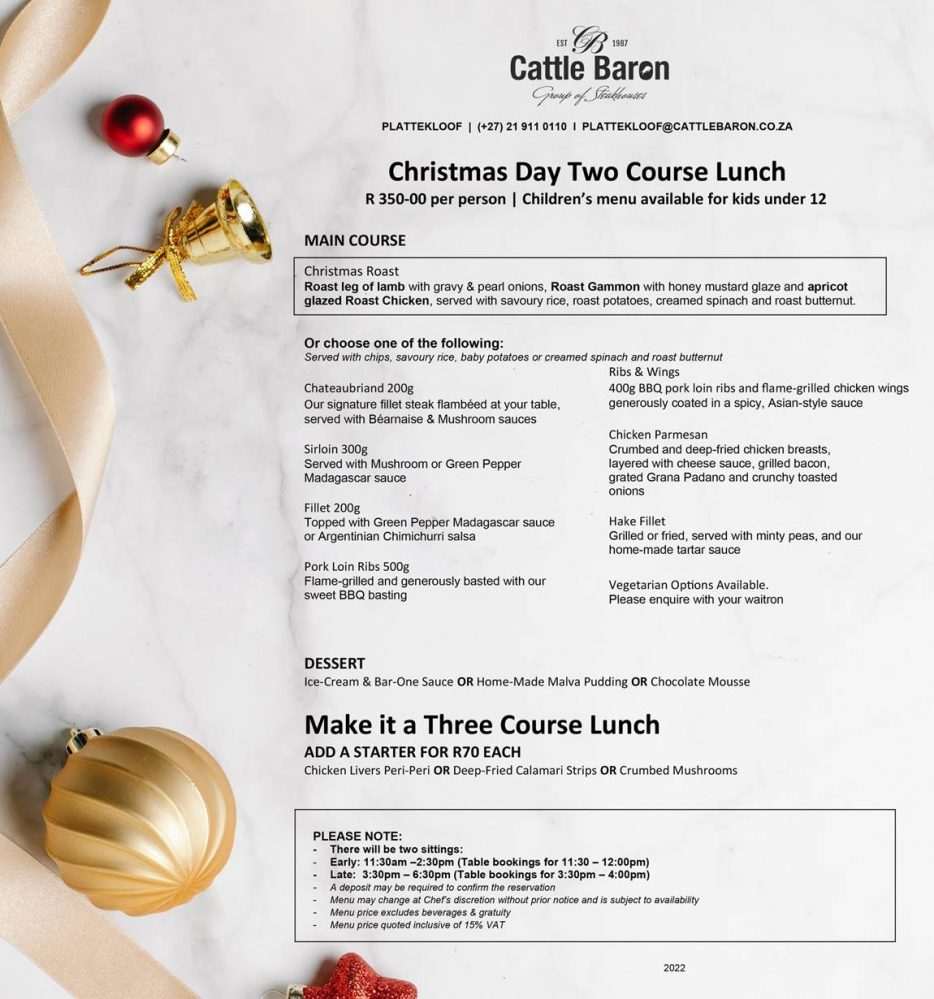 Enjoy a Christmas Lunch at Cattle Baron Plattekloof